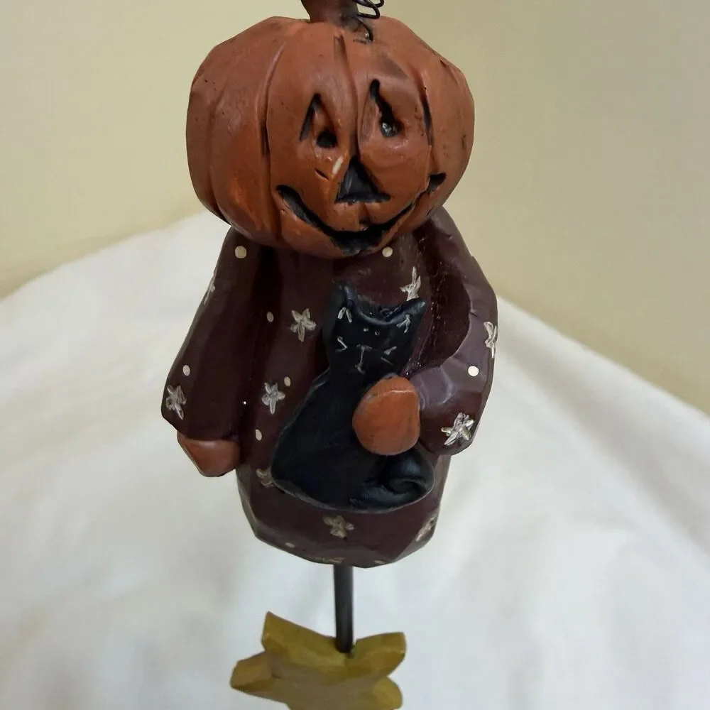 Blossom Bucket Halloween Pumpkin Black Cat Pedestal 13” Suzi Skoglund Folk Art